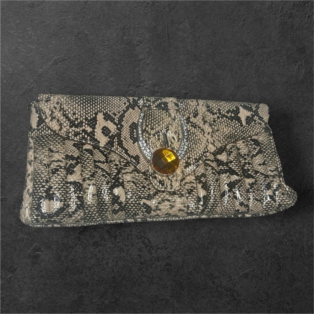 X’est Jolie Faux Snakeskin Evening Clutch with Gem & Chain Strap